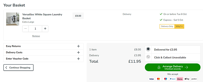Screenshot showing Versailles White Square Laundry Basket Extra Large for £8 at Dunelm