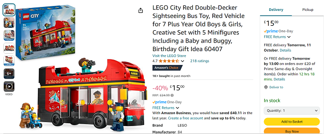 Screenshot showing LEGO City Red Double-Decker Sightseeing Bus for £15 at Amazon