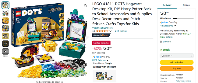 Screenshot showing LEGO DOTS Harry Potter Hogwarts Desktop Kit for £20 at Amazon