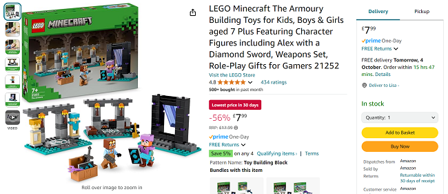 Screenshot showing LEGO Minecraft The Armoury for £7.99 at Amazon