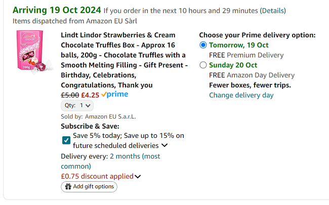 Screenshot showing Lindt Lindor Chocolate Truffles Box 200g for £4.25 at Amazon