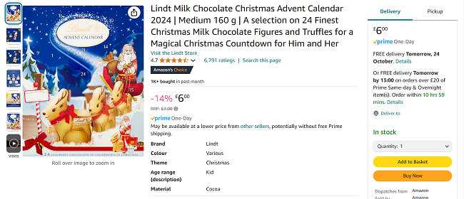 Screenshot showing Lindt Milk Chocolate Christmas Advent Calendar 2024 for £6 at Amazon