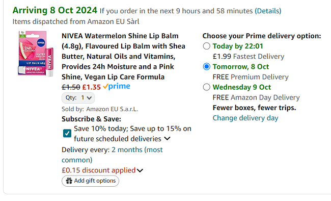 Screenshot showing Nivea Watermelon Shine Lip Balm for £1.35 at Amazon
