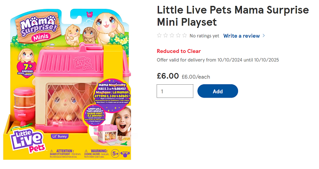 Screenshot showing Little Live Pets Mama Surprise Mini Playset for £6 at Tesco