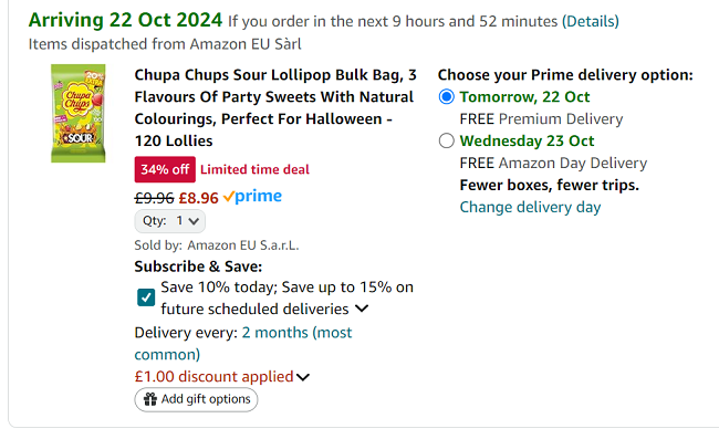 Screenshot showing Chupa Chups Sour Lollipop Bulk Bag 120 Lollies for £8.96 at Amazon