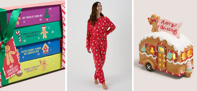 Christmas hot chocolate gift set, Christmas pyjamas and gingerbread caravan decoration from Matalan