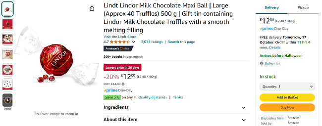 Screenshot showing Lindt Lindor Maxiball 500g for £12 at Amazon