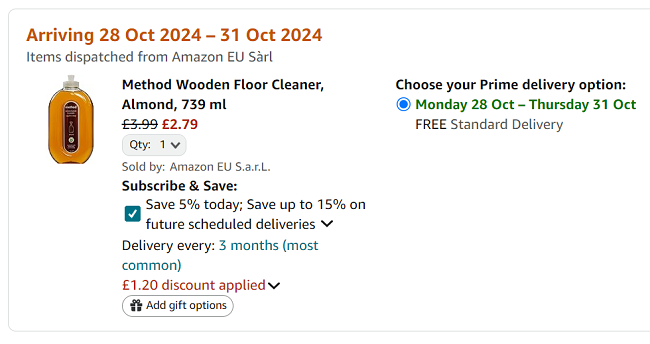 Screenshot showing Method Wood Floor Cleaner Almond for £2.79 at Amazon