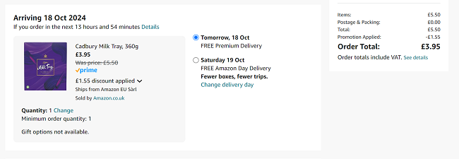 Screenshot showing Cadbury Milk Tray 360g for £3.95 at Amazon