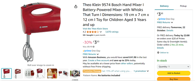 Screenshot showing Theo Klein Toy Bosch Battery Powered Hand Mixer for £3.63 at Amazon
