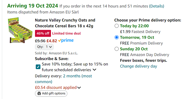 Screenshot showing Nature Valley Crunchy Oats and Chocolate Cereal Bars 18 x 42g for £4.82 at Amazon