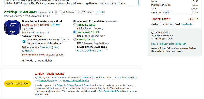 Screenshot showing 3 x Nivea Creme Moisturiser 50ml for £2.53 at Amazon