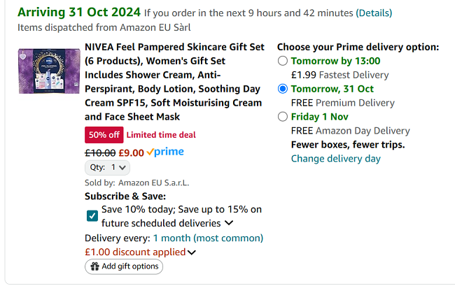 Screenshot showing NIVEA Feel Pampered Skincare Gift Set for £9 at Amazon