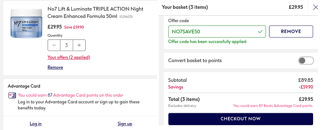 Screenshot showing No7 offer stack at Boots