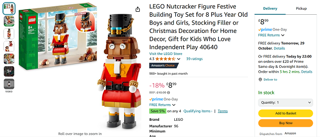 Screenshot showing LEGO Nutcracker for £8.99 at Amazon