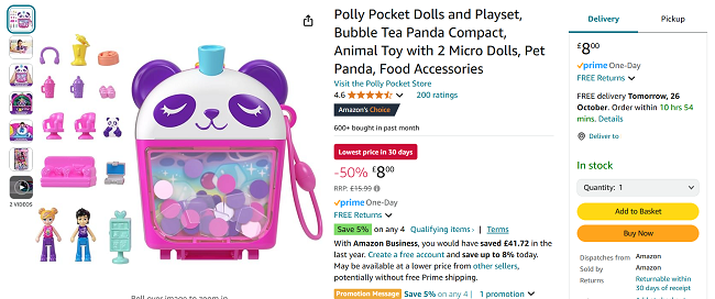 Screenshot showing Polly Pocket Bubble Tea Shop Panda Compact for £8 at Amazon