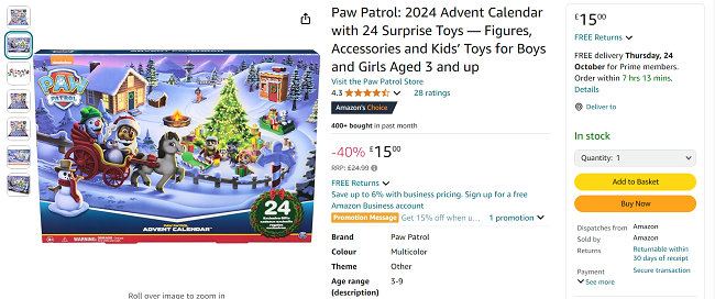Screenshot showing Paw Patrol Advent Calendar 2024 for £15 at Amazon