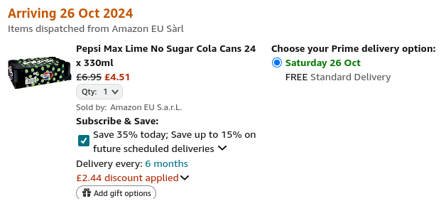 Screenshot showing Pepsi Max Lime No Sugar Cola Cans 24 x 330ml for £4.51 at Amazon