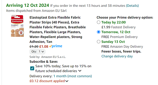 Screenshot showing Elastoplast Extra Flexible Fabric Plaster Strips (40 Pieces) for £1.08 at Amazon