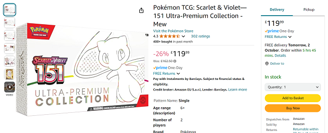 Screenshot showing Pokémon TCG: Scarlet & Violet 151 Ultra-Premium Collection Mew for £119.99 at Amazon