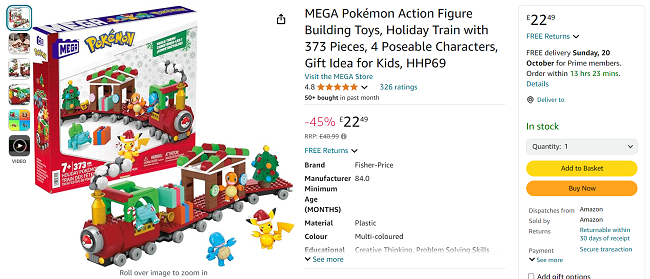 Screenshot showing MEGA Pokémon Holiday Train Building Set for £22.49 at Amazon