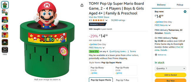 Screenshot showing Pop Up Super Mario Game for £14.99 at Amazon