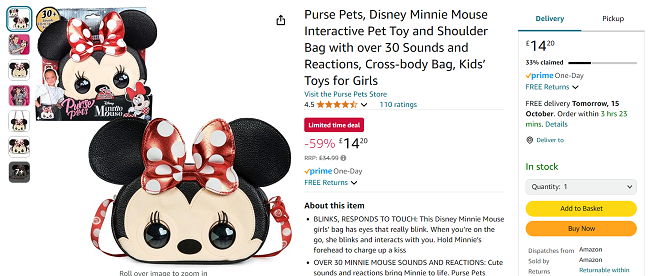 Screenshot showing Purse Pets Disney Minnie Mouse Interactive Pet Bag for £14.20 at Amazon