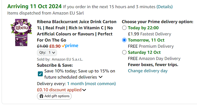 Screenshot showing Ribena Blackcurrant Juice Drink Carton 1L for 90p at Amazon