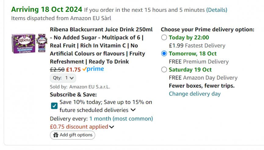 Screenshot showing Ribena Blackcurrant Juice Drink 250ml x 6 No Added Sugar for £1.75 at Amazon