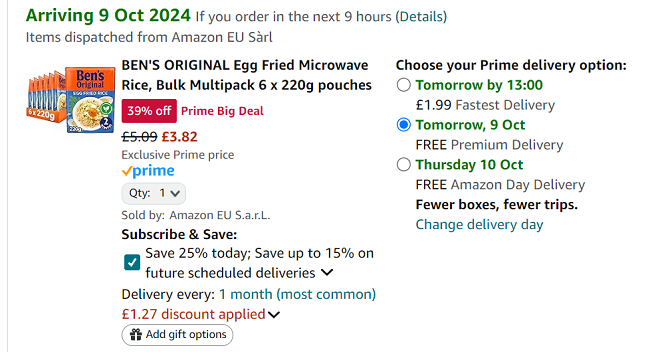 Screenshot showing Ben's Original Microwave Rice, Bulk Multipack 6 x 220g Pouches for £3.82 at Amazon