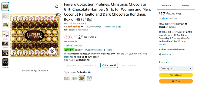 Screenshot showing Ferrero Rocher Collection Box of 48 (518g) for £12.50 at Amazon