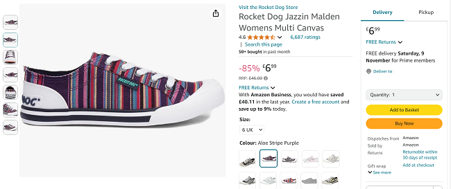 Screenshot showing Rocket Dog Jazzin Malden Womens Multi Canvas Trainers for £6.99 at Amazon