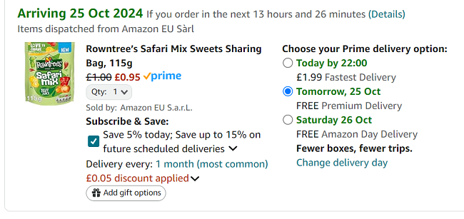 Screenshot showing Rowntree’s Safari Mix Sweets Sharing Bag 115g for 95p at Amazon