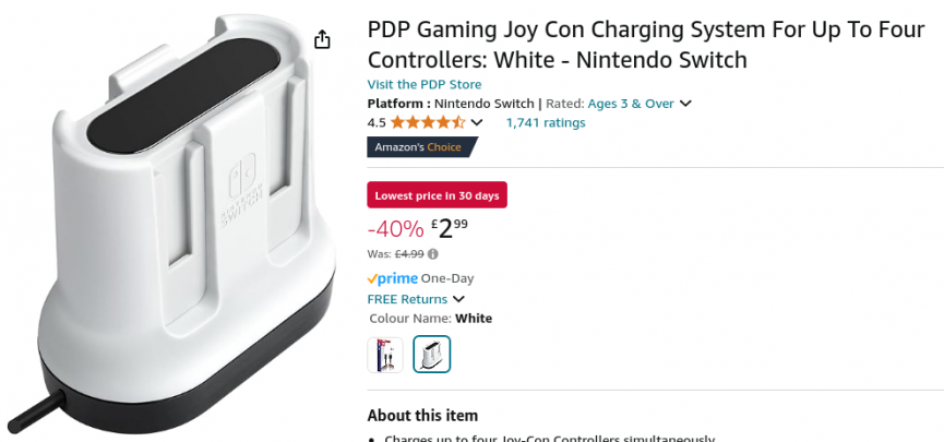  PDP Gaming Joy Con Charging System for Nintendo Switch £2.99 @ Amazon/Argos