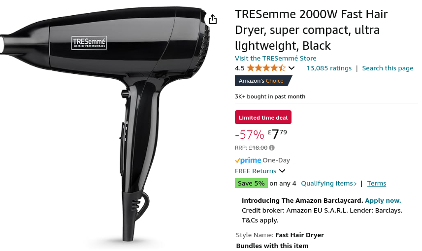 TRESemme 2000 W Fast Hair Dryer £7.71 @ Amazon