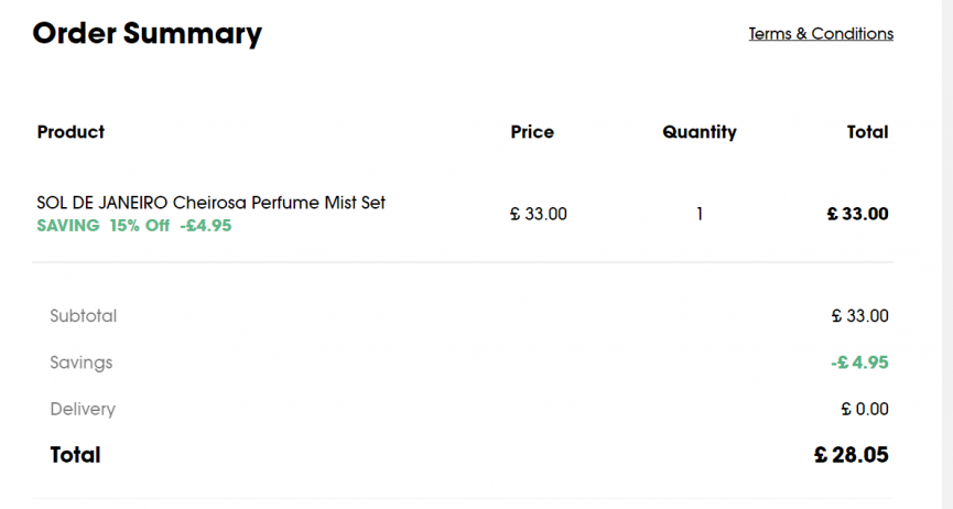 Screenshot showing Sol de Janeiro Cheirosa Perfume Mist Set for £28.05 delivered with code at Sephora