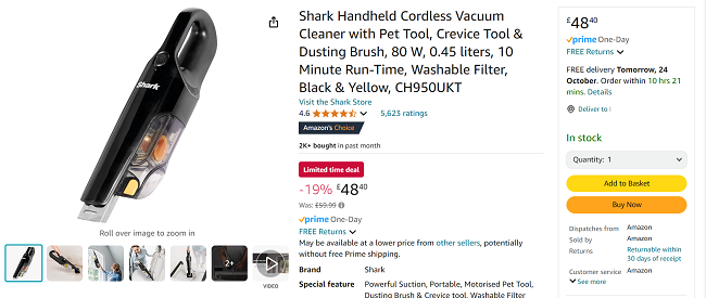 Screenshot showing Shark HandVac Pet Cordless Vacuum Cleaner for £48.40 at Amazon