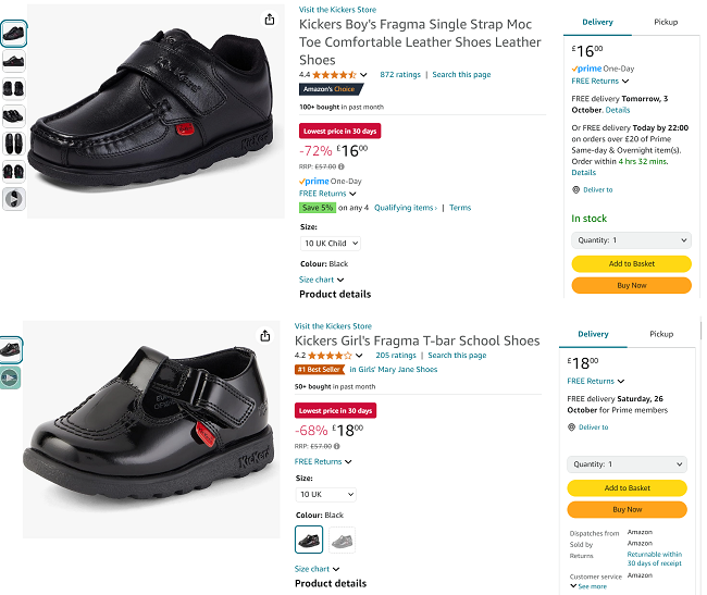Screenshot showing reduced Kickers shoes from Amazon