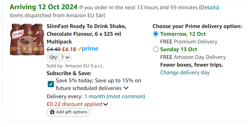 Screenshot showing SlimFast Ready To Drink Shake, Chocolate Flavour 6 x 325 ml Multipack for £4.18 at Amazon
