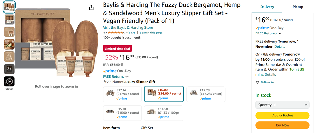 Screenshot showing Baylis & Harding The Fuzzy Duck Men's Luxury Slipper Gift Set for £16 at Amazon