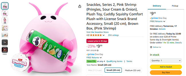 Screenshot showing Snackles Pink Shrimp with Pringles Sour Cream & Onion Plush Toy 20cm for £9.99 at Amazon