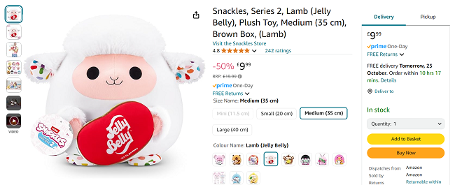 Screenshot showing Snackles Lamb Jelly Belly 35cm Plush Toy for £9.99 at Amazon