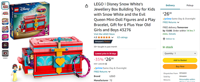Screenshot showing LEGO Disney Snow White’s Jewellery Box for £26 at Amazon