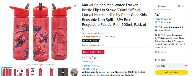 Screenshot showing Marvel Spider-Man Water Tracker Bottle Flip Up Straw 600ml for £2 at Amazon