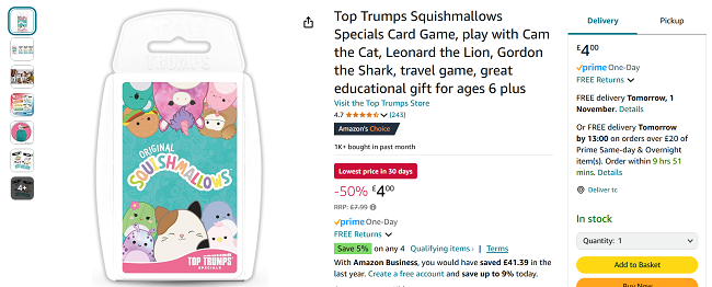 Screenshot showing Top Trumps Squishmallows Specials Card Game for £4 at Amazon