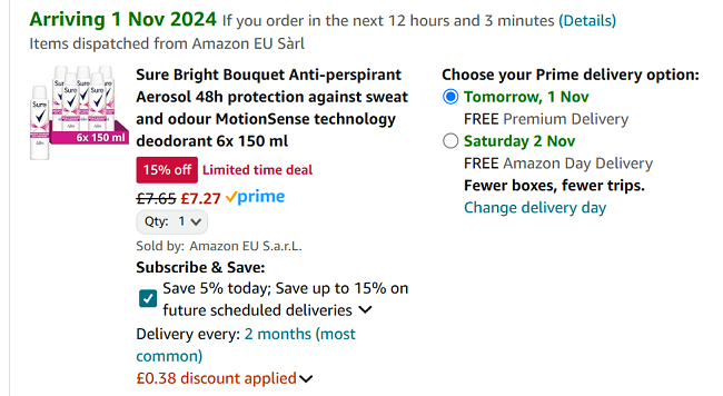 Screenshot showing Sure Bright Bouquet Anti-perspirant Aerosol pack of 6 for £7.27 at Amazon
