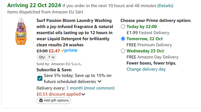 Screenshot showing Surf Passion Bloom Laundry Liquid Detergent 24 Wash for £2.47 at Amazon