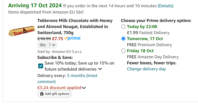 Screenshot showing Toblerone Milk Chocolate 750g for £7.75 at Amazon