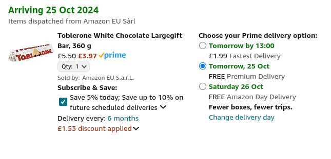 Screenshot showing Toblerone White Chocolate Large Gift Bar 360g for £3.97 at Amazon