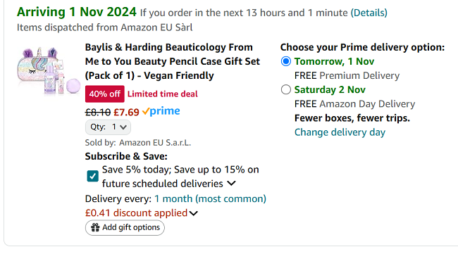 Screenshot showing Baylis & Harding Beauticology From Me to You Beauty Pencil Case Gift Set for £7.69 at Amazon